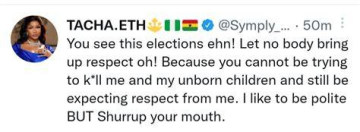 
2023: Don’t Expect Respect From Me, Because You’re Trying To Kill Me And My Unborn Children-Tacha 