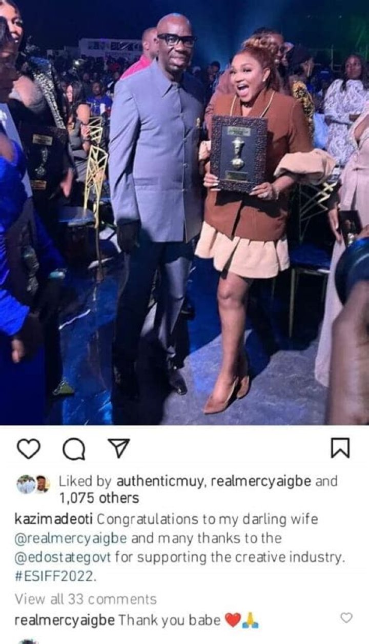 
Kazim Adeoti Celebrates Wife, Mercy Aigbe As Edo State Government Honors Her 