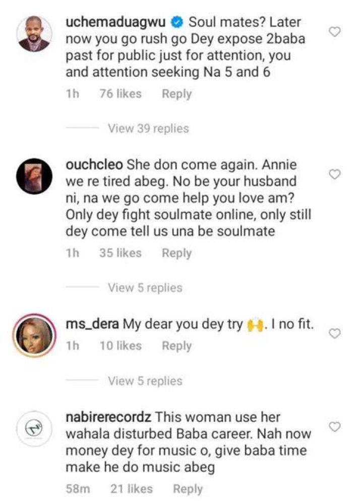 
“You And Attention Seeking Nah 5&6” – Uche Maduagwu Slams Annie Idibia After She Declared 2baba Her Soulmate 